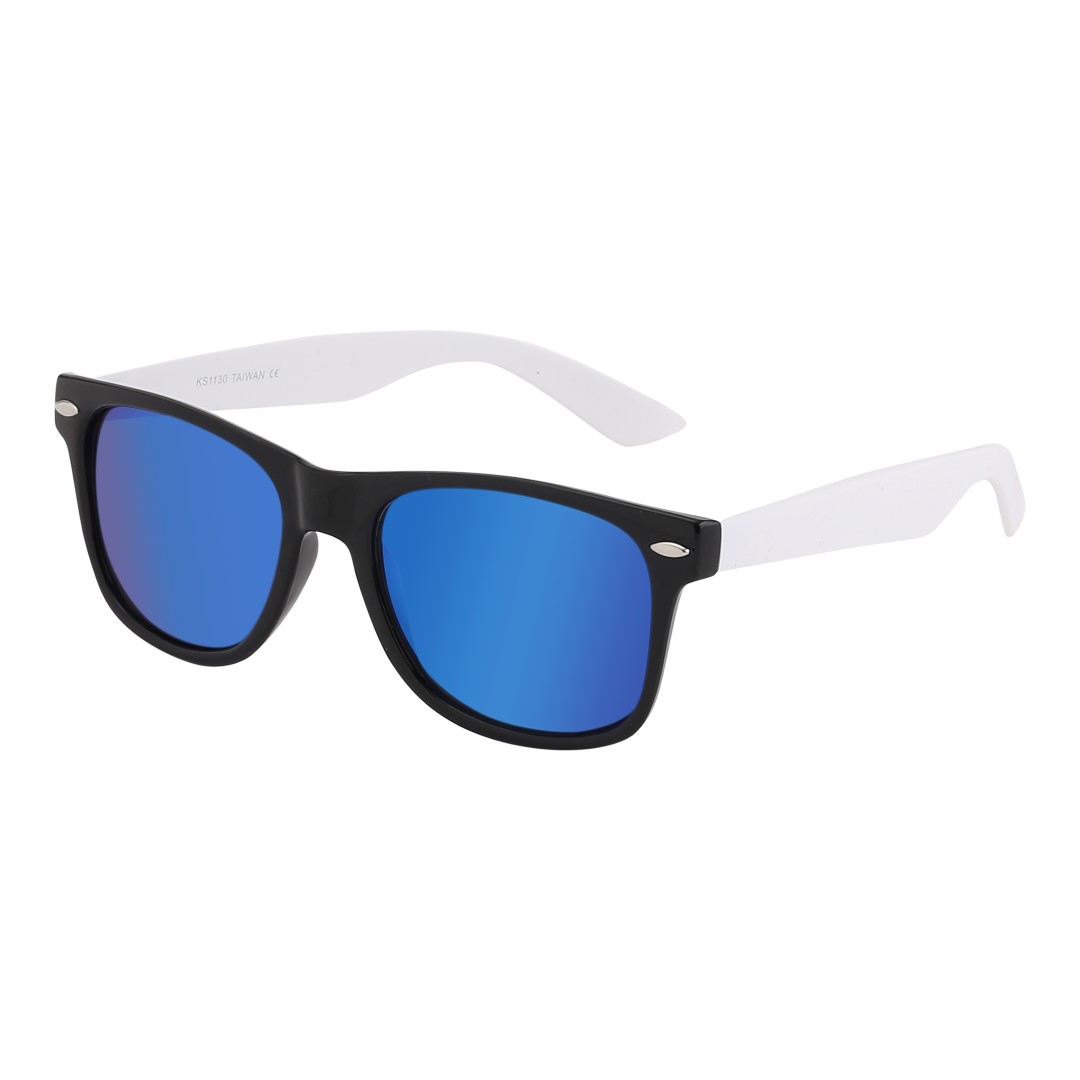 schwarze Wayfarer mit weiÃŸen BÃ¼geln und mehrfarbigem Glas