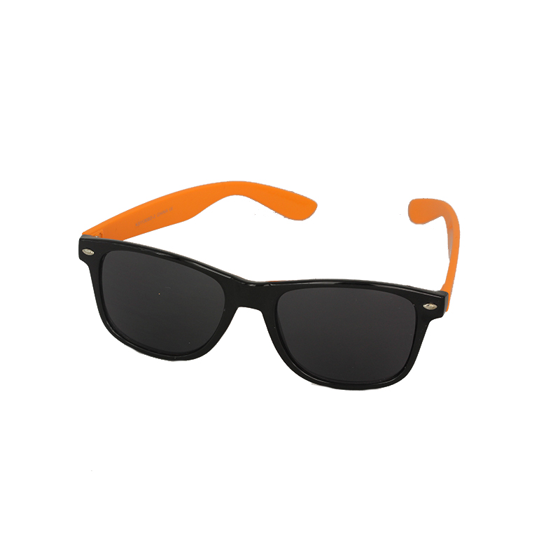 Schwarze Sonnenbrille mit orangen BÃ¼geln, Wayfarer-Design